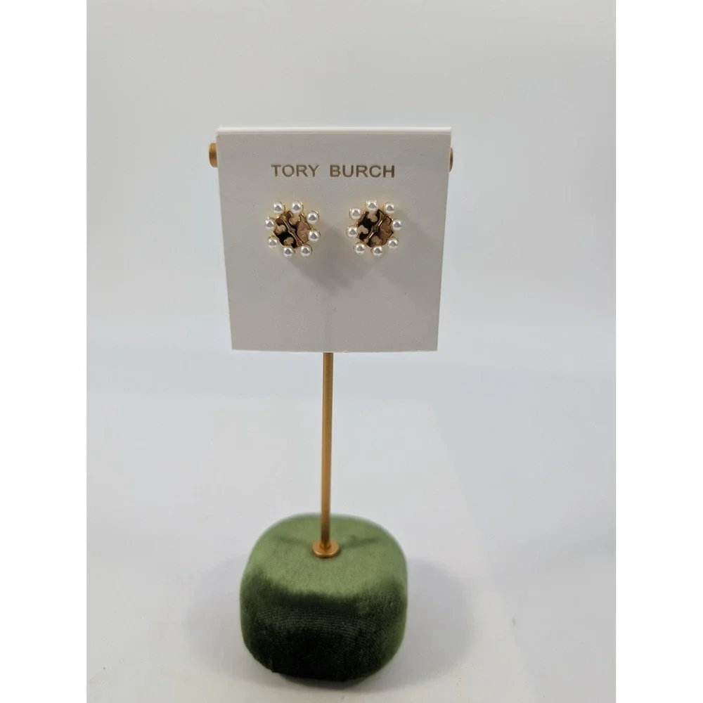 Tory Burch Kira Pearl Logo Stud Earrings Gold Tone‎ White Faux Pearl - NEW